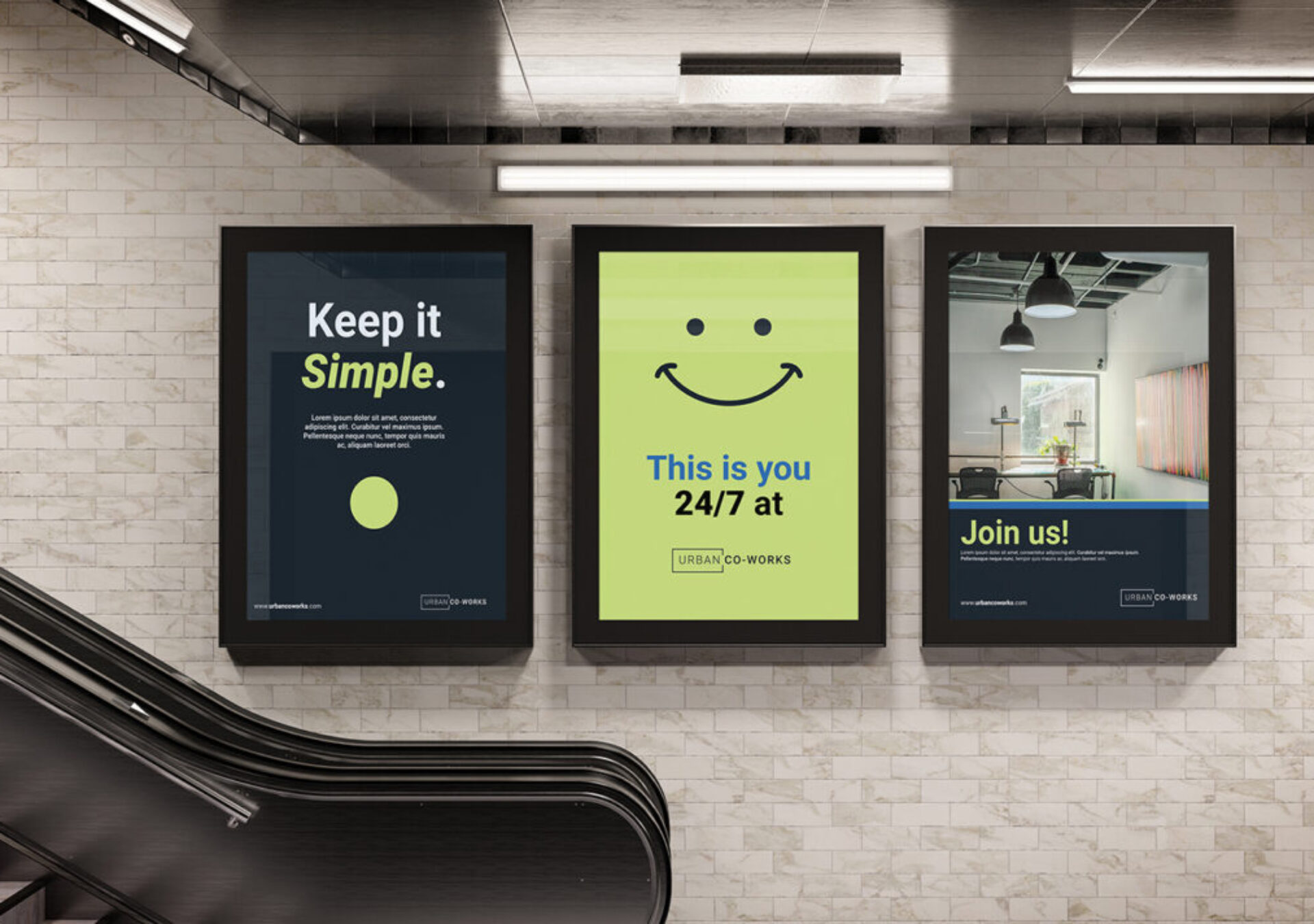 Three Vertical billboards in subway station Mockup